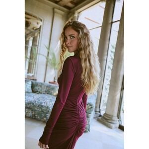 RONNY KOBO Burgundy Ruched Mock Neck Long Sleeve Maxi Dress Size M